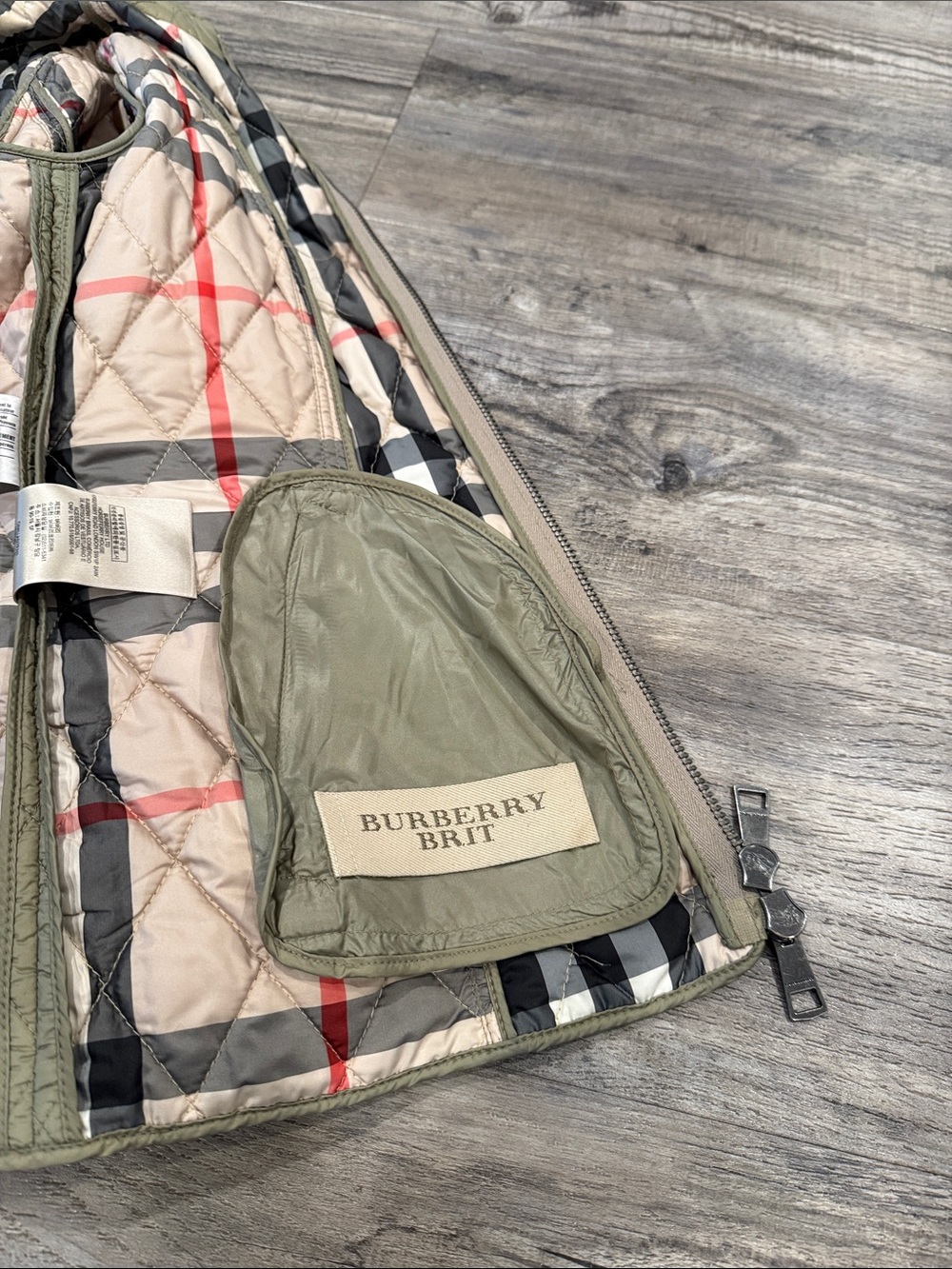 Burberry Brit Olive Green Quilted Jacket Nova Check Lining Women’s Size S - Picture 11 of 16